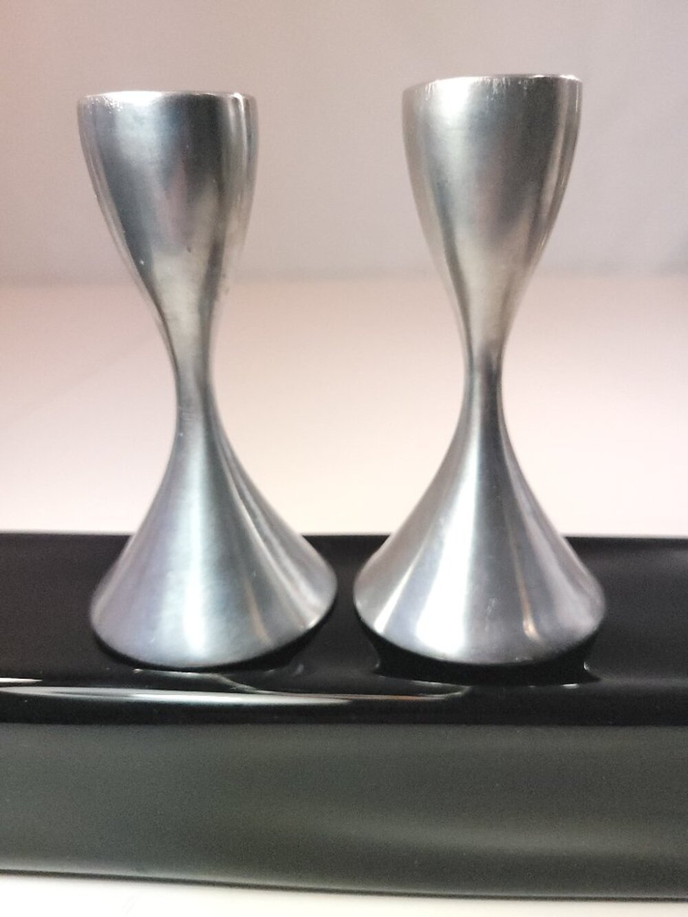 Pair Norwegian Pewter Candlesticks Hourglass Trumpet Form Circa 1960